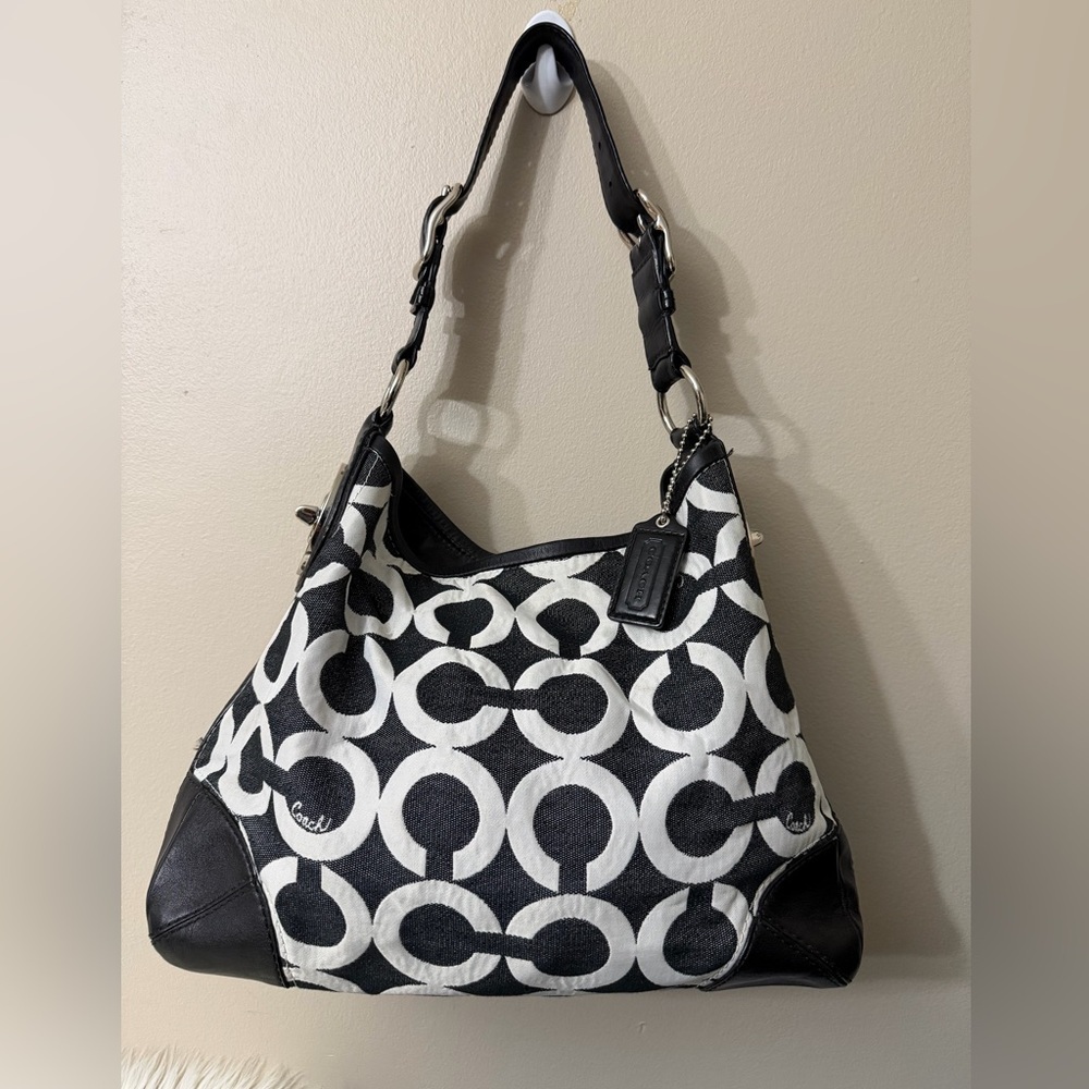 Vintage Coach Black & White Signature Circle Hobo Shoulder Bag#14512
